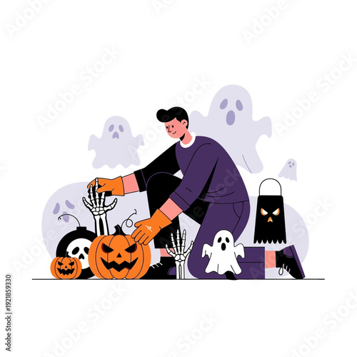 Festive Halloween Scene Man Decorating Pumpkins With Spooky Ghosts And Skeletons