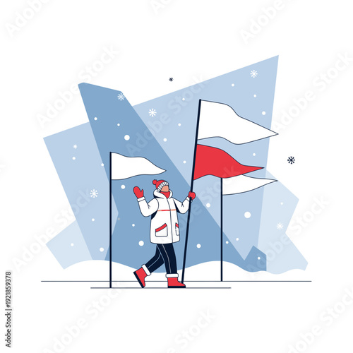 Festive Winter Celebration With Flags and Snowfall
