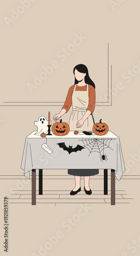 Festive Halloween Table Setting With Seasonal Decorations And A Person Preparing