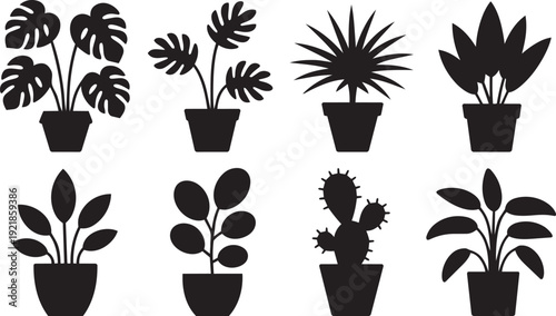 Minimal indoor potted plants vector set with tropical leaves, modern foliage silhouettes, home decor greenery, botanical illustration for design use