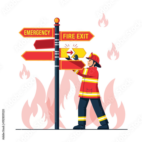 Firefighter Directing Emergency Fire Exit Signs During Blaze