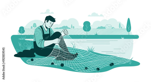 Fisherman Mending Net By River With Agricultural Landscape Background