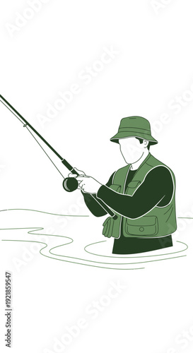 Fisherman Casting Rod In Calm Water, Illustrating Outdoor Recreation And Leisure Activities