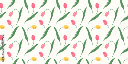 Spring pattern with pink and yellow tulips. Mother's Day, Women's Day, Easter