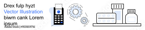 Healthcare technology, pharmacy services, digital payments, medical innovation, automation, pharmaceutical supply. Receipt from payment terminal, pills medicine bottles gears. Healthcare