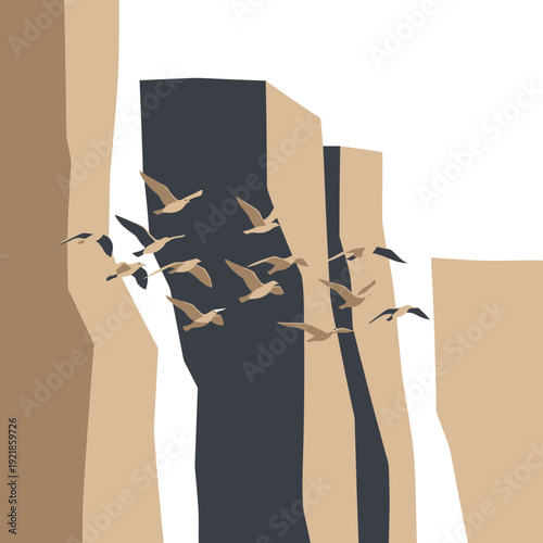 Flock Of Birds Soaring Above Abstract Architectural Structures Serene