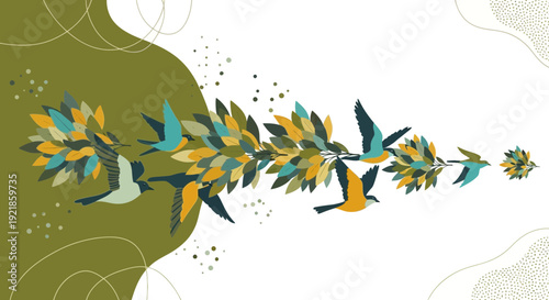 Flock of Birds Soaring Amidst Autumnal Foliage and Abstract Organic Shapes