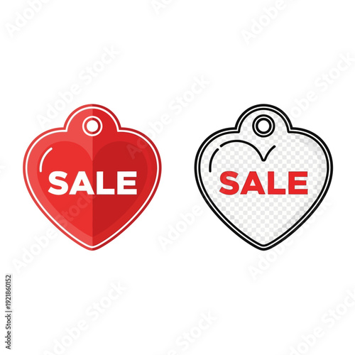 Red and white heart shaped sale tags with bold text.