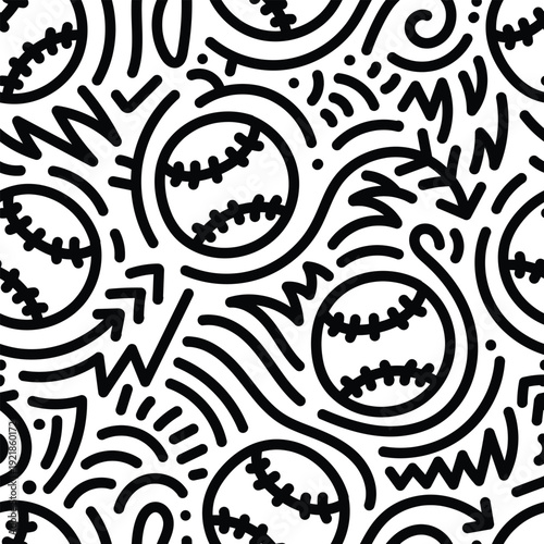 Seamless baseball or softball pattern with hand drawn doodles in black on white background. Sporty repeat design for fabric, packaging, and team merchandise.