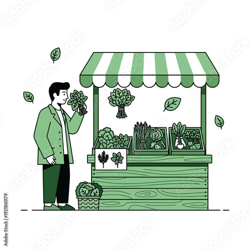 Fresh Produce Farmer's Market Stall With Customer Admiring Greens