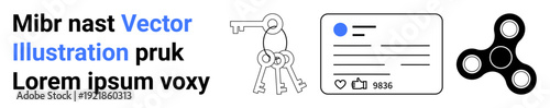 Digital communication, content creation, social media, security concepts, branding, entertainment. A minimalist layout with keys, social post and spinner. Digital communication and security