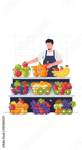 Fresh Produce Stall Attendant Arranging Vibrant Fruits For Sale Daily