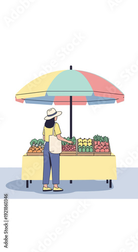 Fresh Produce Stand Scene With Person Selecting Fruits And Vegetables Under A Colorful Umbrella