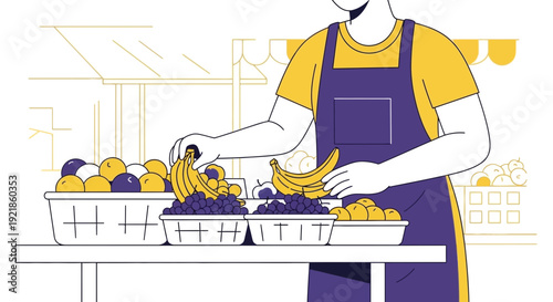 Fresh Produce Vendor Arranging Abundant Baskets Of Exotic Fruits For Sale