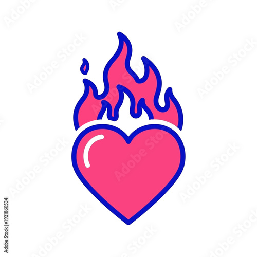A cartoon heart on fire with flames rising from the top.