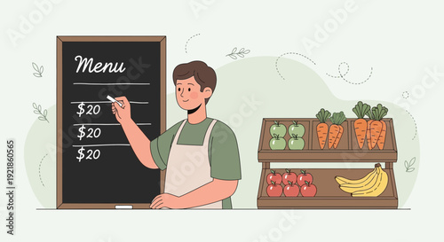 Fresh Produce Vendor Updates Pricing On Chalkboard Display Menu