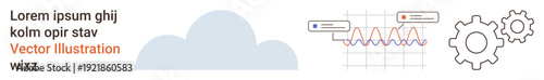 Data analysis, cloud computing, technology solutions, workflow automation, system optimization, digital transformation. A cloud, charts and gears are displayed. Cloud computing and data analysis