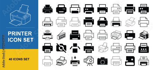 Printer and Office Equipment Silhouette Icon Set with Wireless, Laser, Inkjet, Scanner and Print Symbols