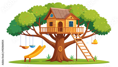 Whimsical treehouse with ladder and bird perched on a branch in a sunny setting isolated on transparent background