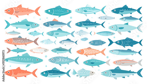 Vibrant school of colorful fish swimming in a repeating pattern against a light background isolated on transparent background