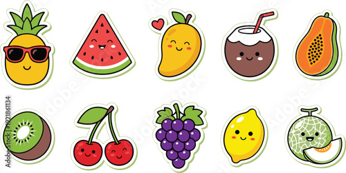 Cute tropical fruit sticker set with kawaii faces