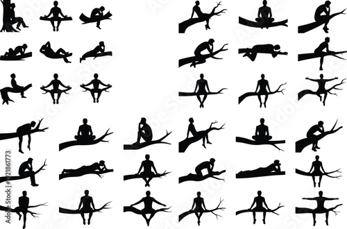 Man Sitting on Tree Silhouette Icon Vector Relaxing Man Tree Silhouette Icon Set