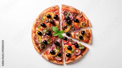 Round pizza cut into triangular pieces