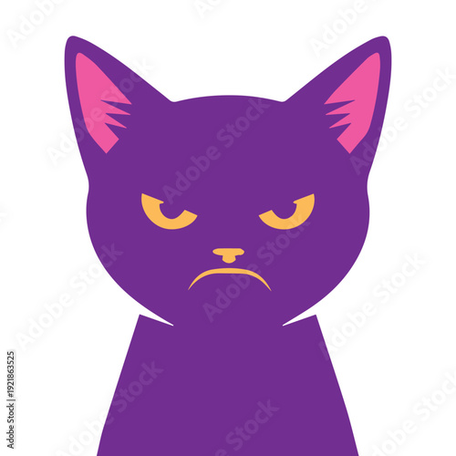 A purple cartoon cat with a displeased expression on its face