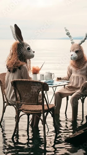 Two surreal hares are having breakfast at a table on the seashore.