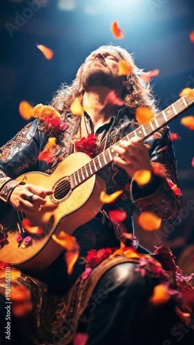 A guitarist in stage costume plays the guitar emotionally on stage.