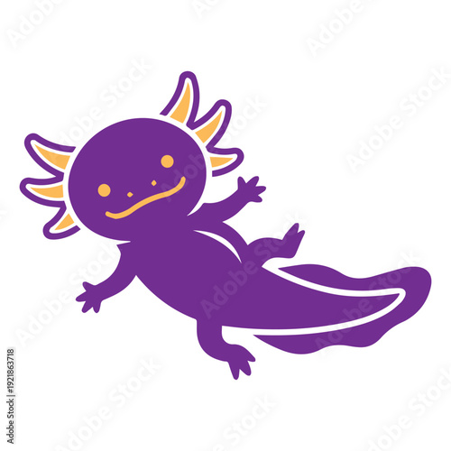 A cartoon purple axolotl with a happy face and yellow gills