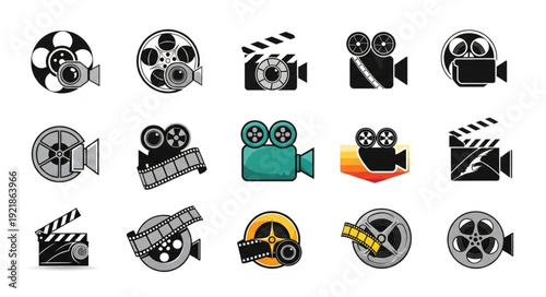 Collection of vintage and modern film making icons and symbols.