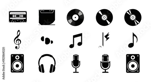 Collection of music icons and symbols on white background.