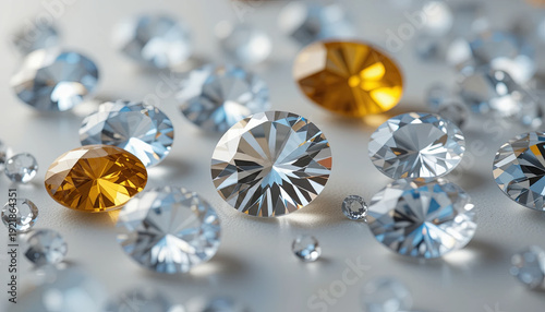 Small diamonds of various colors and sizes lie on a flat surface. Light reflects off the surfaces creating sparkle. The scene highlights the beauty and variety of gemstones