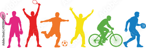 Colorful sport silhouettes collection, tennis soccer cycling basketball players, active lifestyle concept, dynamic athletes, fitness activity, isolated vector illustration set