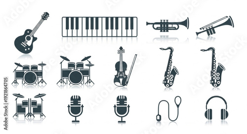 Collection of musical instruments and audio equipment icons.
