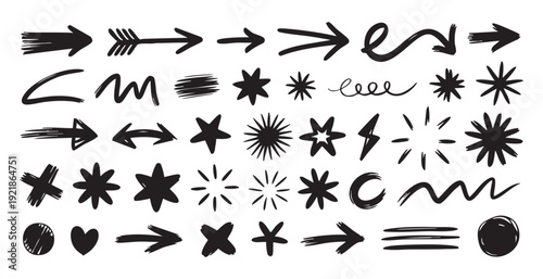 Creative doodle elements set with black hand drawn arrows stars hearts and geometric shapes vector