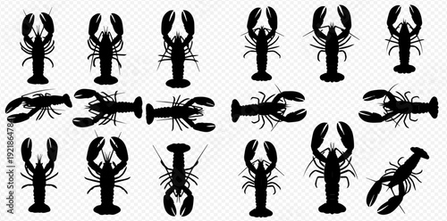 A diverse collection of black lobster and crayfish silhouettes in various poses and angles, isolated on a transparent background.