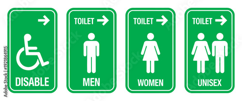 Restroom and Toilet Icon Set, Men and Women WC Signs with Arrow, Green White Symbols, Flat Style, Isolated Vector Illustration