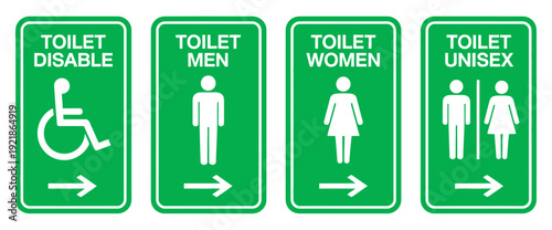 Toilet and WC Icon Collection, Men and Women Restroom Signs, Right Arrow Symbols, Green and White Color, Flat Vector Illustration
