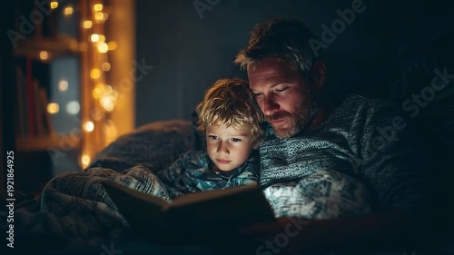 Father and son sharing a bedtime story in cozy evening setting