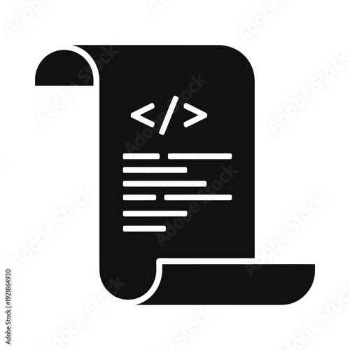 Black document icon with code symbol on isolated, ui elements