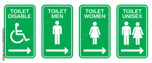 Toilet Icon Collection Set, Men and Women Restroom Signs with Right Arrow, WC Symbols, Green and White Color, Isolated Flat Vector Illustration