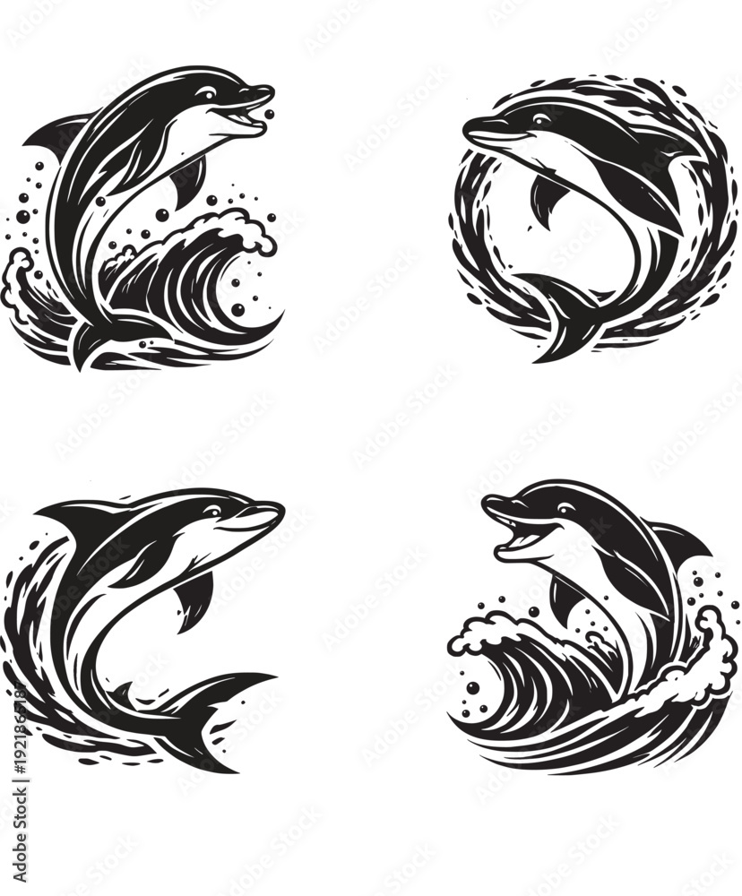 Obraz premium Set of Four Stylized Dolphin Illustrations in Black and White.