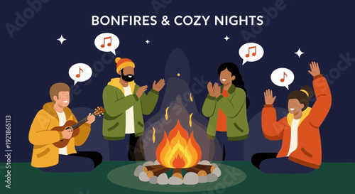 Friends Enjoying A Musical Campfire Gathering Under The Stars