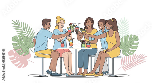 Friends Enjoying Tropical Drinks and Celebrations Together