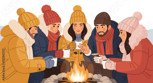 Friends Enjoying Warm Beverages By A Crackling Campfire In Winter