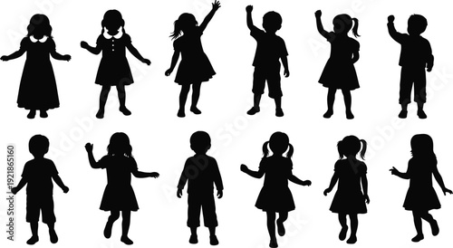 Happy children silhouettes collection, playful kids dancing jumping, joyful childhood activity, boys girls poses, fun movement, active lifestyle, cute little kids