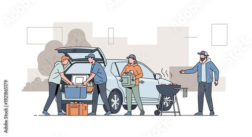 Friends Preparing For An Outdoor Barbecue Gathering By A Car