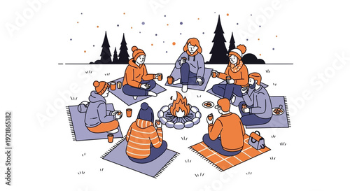 Friends Gathered Around A Warm Bonfire In A Winter Landscape